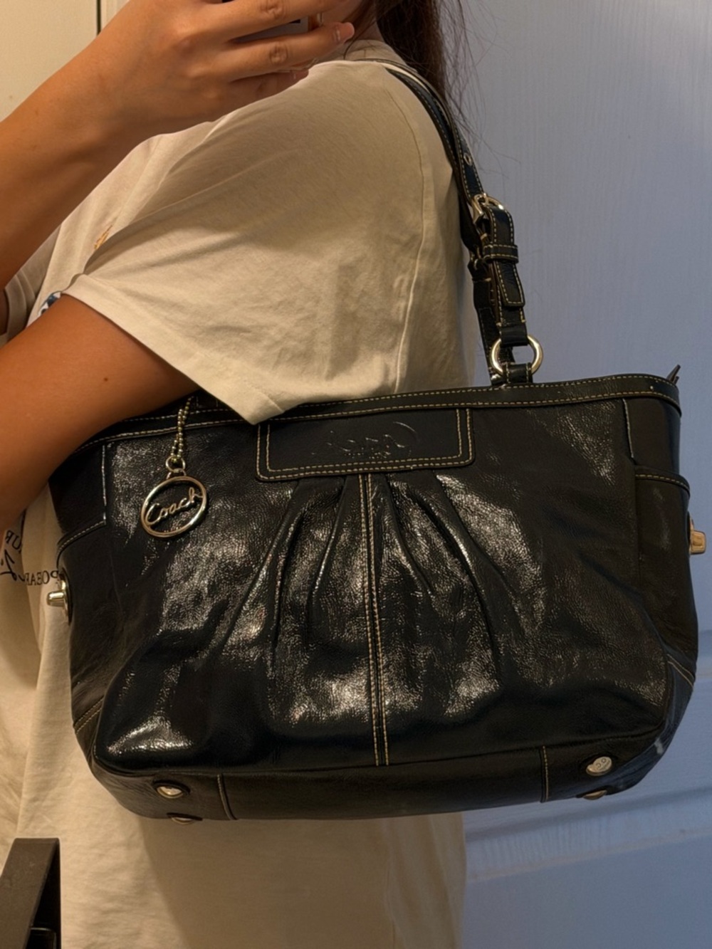 Coach Y2K East West Gallery Midnight Pleated Patent Leather Tote - Picture 8 of 12